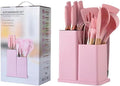 19 Piece Kitchenware Utensils and Knife Set- includes: 9 Piece Silicone Cooking Utensils- 5 Piece Sharp Stainless Steel Chef Knives- Scissors -Whisk Tongs and Cutting Board (Pink)