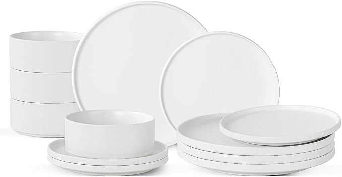 12 Piece Ceramic Plates and Bowls Sets for 4, Modern White | Stoneware Dinnerware Set, Dishwasher & Microwave Safe, Handcrafted, Perfect for Family and Gatherings