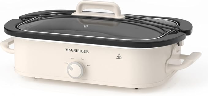MAGNIFIQUE 4 Quart Slow Cooker with Ceramic Nonstick Baking Dish, Adjustable Temperature, Oven Safe for Lasagna & Roasts, Dishwasher Safe Stoneware & Tempered Glass Lid, Compact Crock Pot, Oatmeal