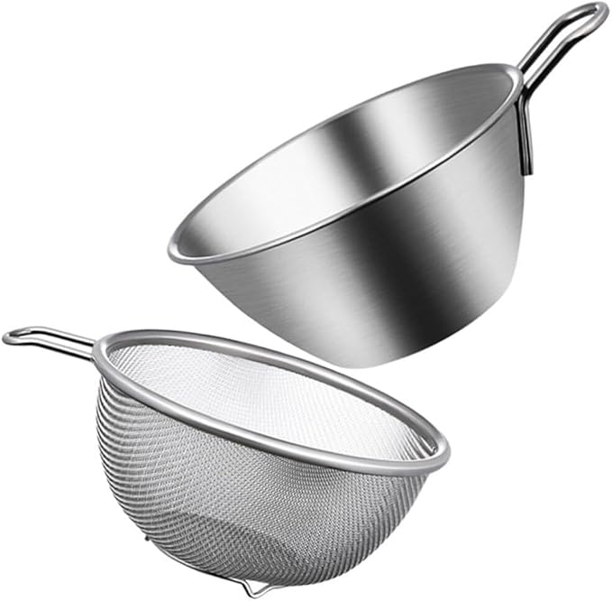 BESTonZON 1set Stainless Steel Rice Rinser Strainer with Handle Fine Mesh Sieve Drainer for Kitchen Use for Washing Rice Fruits and Vegetables and Easy to Clean