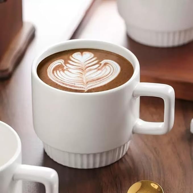 12OZ Stackable Coffee Mugs Set, Ceramic Coffee Cups with morandi color for Au Lait, Cappuccino,Latte,Cafe,Mocha,Tea, Suit Party Housewarming Wedding, Set of 4, Dishwasher&Microwave Safe（White）