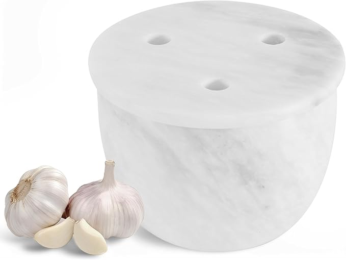 Radicaln Marble Garlic Keeper With Lid 4.5 Inch White Handmade Garlic Storage and Garlics Container For Kitchen, Keep Fresh Garlic Cloves, Ideal Garlic Keeper for Counter