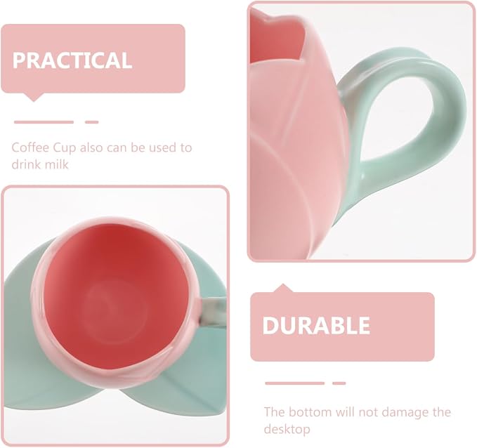 Luxshiny Ceramic Pink Tulip Coffee Mug with Handle, 10oz/300ml Tulip Shape Coffee Cup with Saucer for Tea Milk for Home Office (Pink)