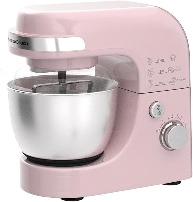 Hamilton Beach 4 Quart Electric Stand Mixer With 7 Speeds | Planetary Mixing For Full Bowl Coverage | Splash Guard | 300 Watts | Whisk, Flat Beater, Dough Hook | Rose