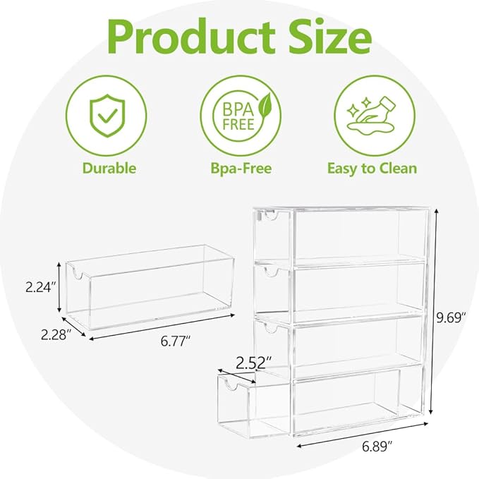 Drink Packet Organizer, Acrylic Drink Mix Holder with 4 Clear Drawers Water Flavor Packets Container for Kitchen Pantry Home Organization (1 Pack)