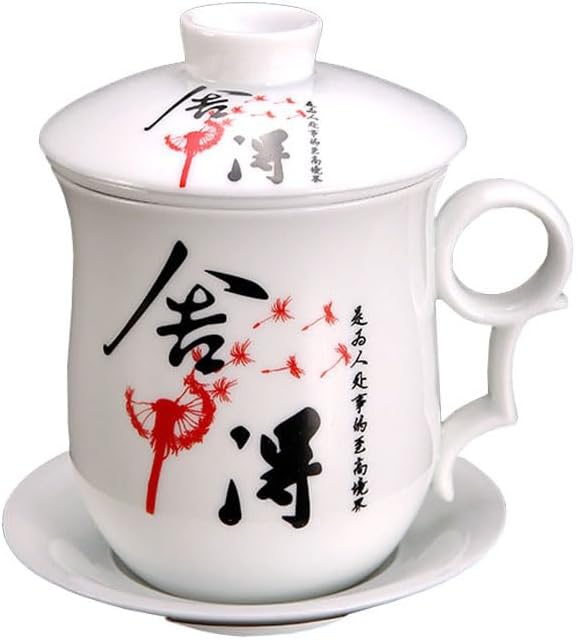 GOLDY&WENDY Chinese Pattern Tea-Mug with Strainer Infuser and Lid and Saucer Anti-scalding Handle Design Ceramic Tea Mug Convenient System