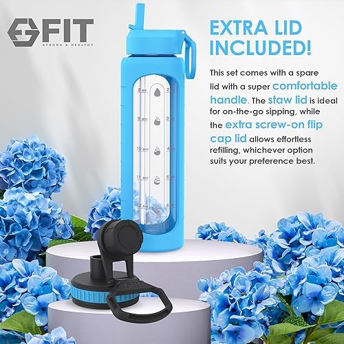 FIT Strong & Healthy 2 & 3 Compartment Glass Meal Prep Containers (4 Pack, 32 oz) and 32 oz Glass Water Bottle with Straw Lid, Time Marker, Sleeve & Extra Lid Bundle