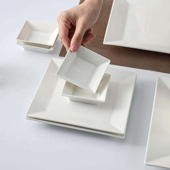 Porlien Off-White Porcelain Dinnerware Set (24 Piece Dinnerware Set), Square Dishes Set for 6 Person, Chip Resistant Dinnerware Set, Square Plates and Bowls Sets, Durable Everyday Dishes