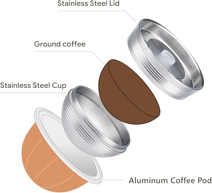 Stainless Steel Reusable Pod Comatible with Vertuo Next +EMPTY Refillable Alumium Coffee Pods-80+150+230ml Each 6 Pcs + 1Pcs Coffee Capsule Tamper For Reusable nespresso Vertuo Next Pods