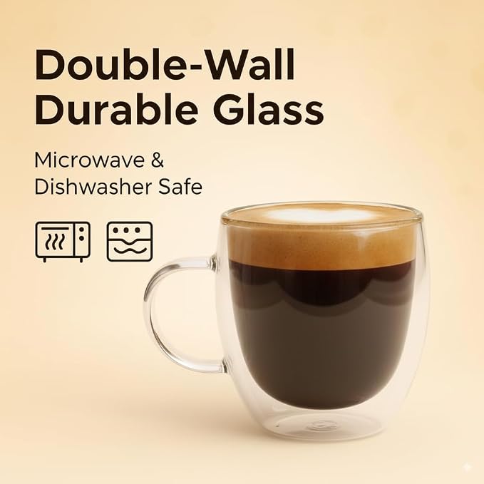 Casafoyer 9 Oz Double Wall Glass Coffee Cups Set of 4, Borosilicate Espresso Mugs