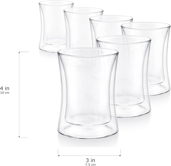 Teabloom Modern Insulated Turkish Tea Glasses - Set of 6 Double Walled Glass Teacups (6 oz / 177 ml)
