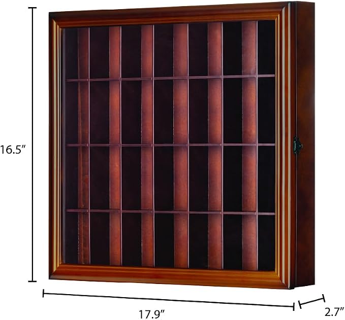 Gallery Solutions - 18x16 Shot Glass Collection - Walnut Collectable Display Case - Hinged Front - 28 Display Slots for Shot Glasses - Bar, Home, Office Accessories