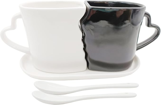 Large Kissing Mugs Set 16oz Kiss Couples Two Coffee Cups with Saucer Love Gifts for Anniversary, Wedding, Valentines, Birthday, Engagement, Lovers Household Tableware White Black Ceramic