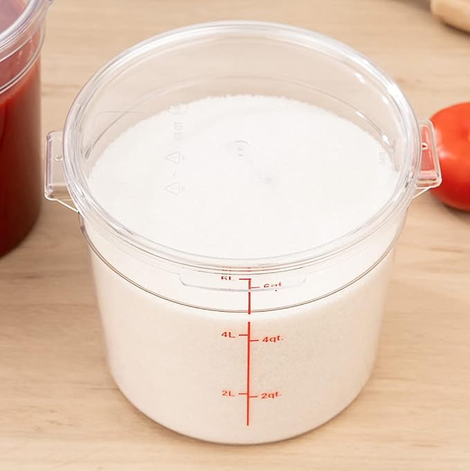 Restaurantware Met Lux 6 Quart Food Storage Containers 10 Round Commercial Storage Containers - Lids Sold Separately With Volume Markers Clear Plastic Food Prep Buckets Space-Saving Storage