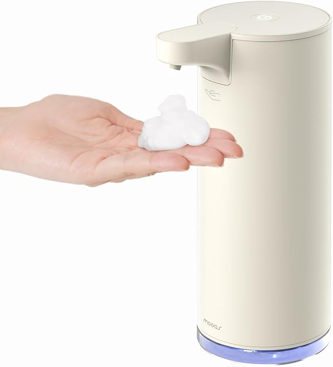 mooas Automatic Foaming Hand Soap Dispenser 2 Set (Ivory & Metal) Stainless Steel Rechargeable 2 Level Adjustable Touchless Soap Dispensers for Kitchen, Bathroom, Commercial 9.4oz Each