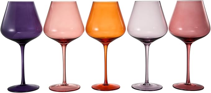 Khen Sunset Colored Crystal Wine Glass Set of 5, Large 20 OZ Glasses, Bright Italian Style Tall Stemmed Drinkware for Red & White Wine, Water Dinner Glasses, Color Beautiful Glassware - (Stemmed)