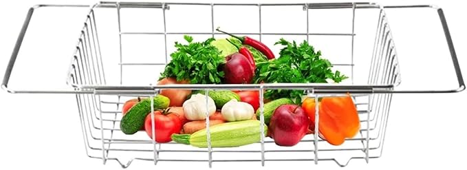 Stainless Steel Dish Drying Rack Over Sink - Kitchen Drainer Basket for Fruits, Vegetables, and Utensils