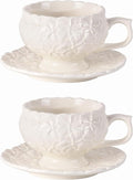 KAMMAK Tea Cups and Saucers Set of 2, Porcelain Coffee Cups, 8.5-Ounce Stackable Espresso Mugs, Ceramic Demitasse for Coffee, Latte, Americano, Tea, White Flower