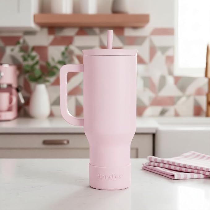 SANDJEST Light Pink 40oz Tumbler with Handle and Straw, Insulated Stainless Steel Travel Coffee Mug for Women Girls, Gift Idea for Birthday Christmas Mothers Day