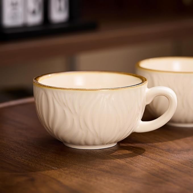 Coffeezone Set of 6 Vintage Design 12 oz Professional Barista Ceramic Latte Art Cappuccino Cups Set (Wave Beige)