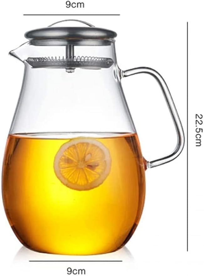 Water Jug 1.8L Glass Water Jug with Stainless Steel Lid for Hot/Cold Juice, Tea, Milk and Coffee, Glass Water Pot with Filter