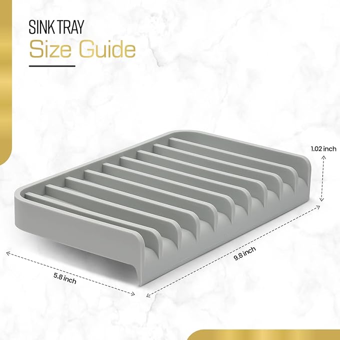 Effilogic Silicone Sponge Holder – Self-Draining Sink Organizer- Faucet Mat for Kitchen - Countertop Protector - Large Grey
