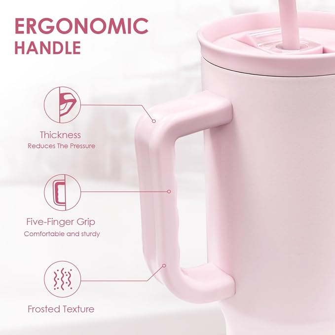 SANDJEST Light Pink 40oz Tumbler with Handle and Straw, Insulated Stainless Steel Travel Coffee Mug for Women Girls, Gift Idea for Birthday Christmas Mothers Day