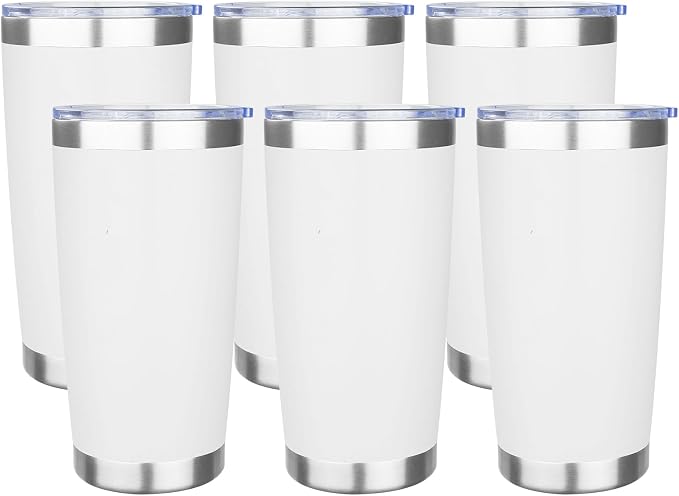 20oz Tumbler with Lid Stainless Steel Insulated Tumblers Travel Coffee Tumbler Bulk Double Wall Vacuum Insulated Water Cup Gifts for Christmas Women Men Her Him Home Office(White, 6pack)