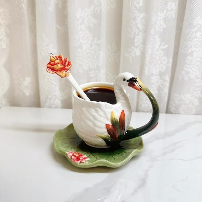 Ceramic Tea Cup and Saucer Set ，6OZ 3D Hand-painted Swans and Lotus Leaves Coffee Mug，Gift for Women