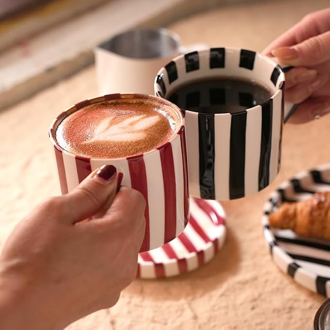 Festive Red and White Striped Ceramic Coffee Mug and Saucer Set, 200ml Latte & Tea Cup Gift for Holidays (Black)