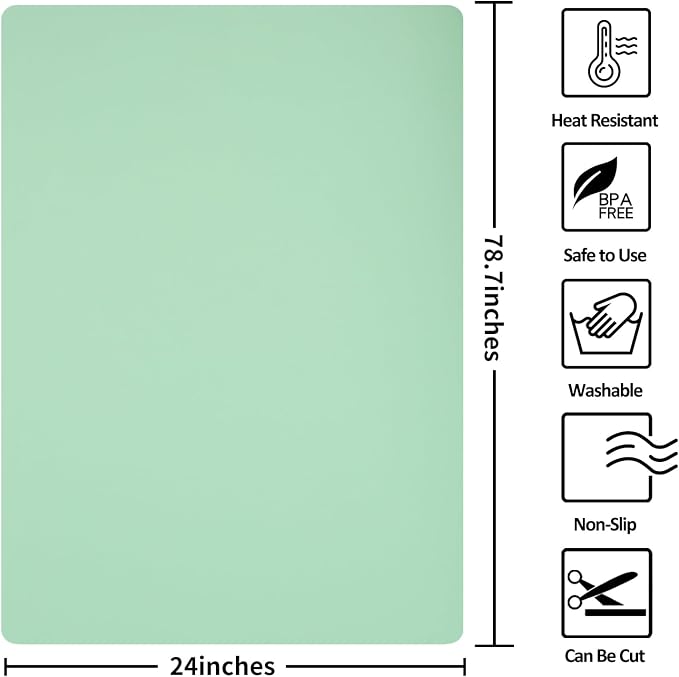 Silicone Mats for Kitchen Counter, Nonslip Silicone Mats for Crafts Countertop Protector Heat Resistant Mat (78.7” x 24” x 0.08”, Light Green)