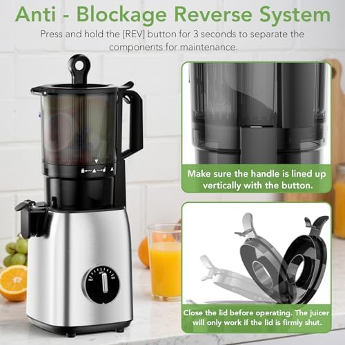 Cold Press Juicer Slow Juicer with Stainless Steel Base, 5.4 Inch Wide Feed Chute, Juicer Machines For Whole Fruits & Vegetables, Slow Masticating Juice Makers
