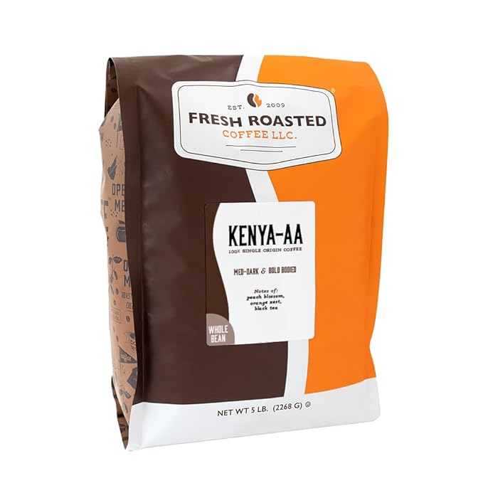 Fresh Roasted Coffee, Kenya AA Whole Bean Coffee, Med-Dark Roast, Kosher, 5 lb (80 oz)