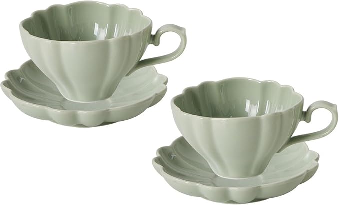 Flower Shaped Ceramic Coffee Cup Teacup with Saucer, Set of 2