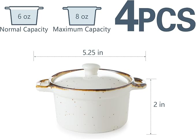 ONEMORE Mini Cocotte Set of 4, 6 oz Ceramic Ramekins with Lids and Handles, Small Casserole Dishes for Oven, Mini Dutch Oven for French Onion Soup, Souffle and Baking, Microwave & Dishwasher Safe, Creamy White