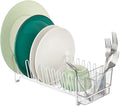 mDesign Kitchen Sink Dish Drainer – Small Metal and Plastic Dish Rack for Kitchen Sink – Dish Drying Rack with Drip Tray for Plates and Cutlery Basket – White/Clear