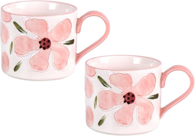 KAMMAK Pink Ceramic Coffee Mug, 13.5oz Mugs Set of 2, Novelty Cup for Tea, Juice, Milk, Cute Porcelain Water Cups with Handle for Women, Dishwasher and Microwave Safe