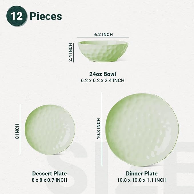 HOMBENE Plates and Bowls Sets, Dinnerware Set 12 Piece Service Porcelain Dinnerware for 4, for Dessert Salad and Pasta, Mint Glow Green Dishes