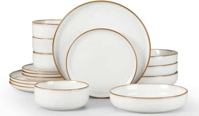 Herogo 16-Piece Dinnerware Set for 4, Ceramic Plates & Bowls Sets with Pasta Bowls, Double Reactive Glaze, Microwave & Dishwasher Safe, Chip Resistant, Ivory White