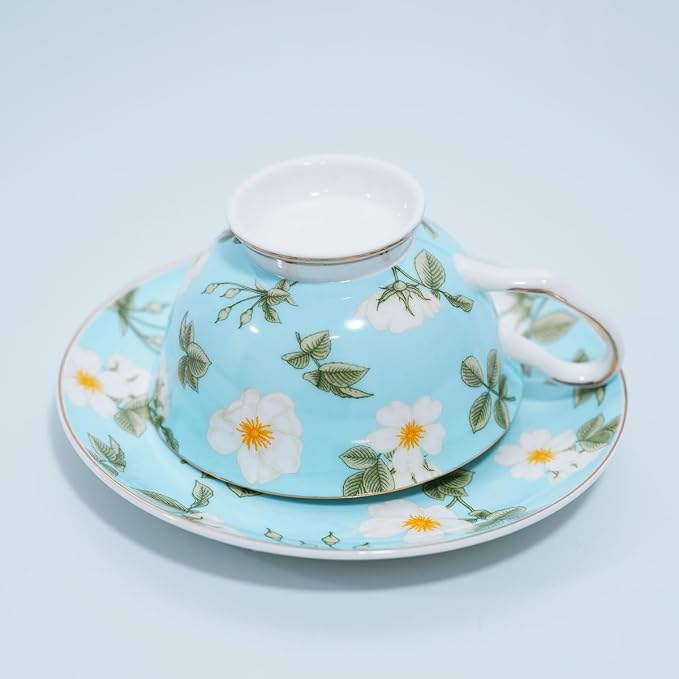 Bone China Tea Cup and Saucer Set with Spoon，Elegant Floral Tea Cup Set (7 oz)，British Coffee Latte Mug for Birthday Party Christmas gift for Friends