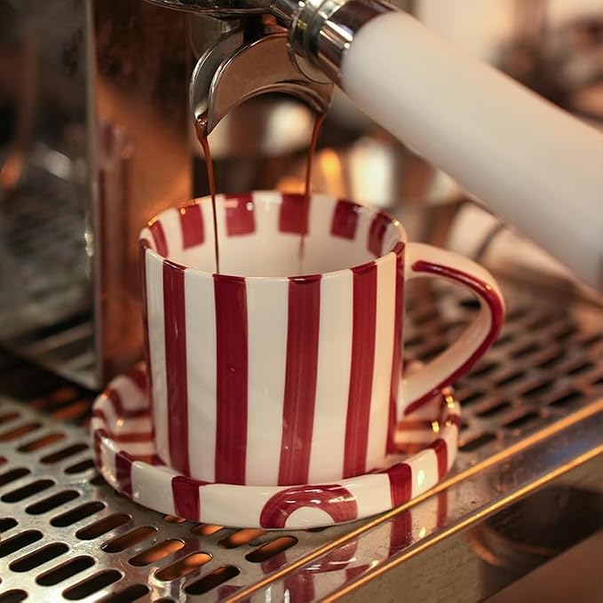 Festive Red and White Striped Ceramic Coffee Mug and Saucer Set, 200ml Latte & Tea Cup Gift for Holidays (Black)