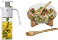 Glass Dressing Mixer Bottle & Large Salad Bowl with Acacia Utensils – Leakproof Measuring Shaker with 11" Glass Serving Bowl for Fresh Dressings, Salad Prep, Table Serving & Everyday Meal Presentation