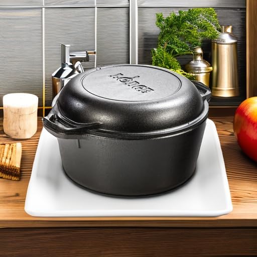Lodge Cast Iron Double Dutch Oven 5 Quart - Pre-Seasoned 2-in-1 Cast Iron Cookware - Pot & Skillet Combo - Even Heat Retention - Oven-Safe, Versatile Pot