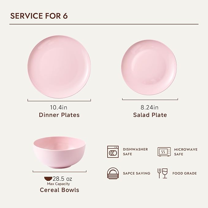 KINGSTONE 18-Piece Bone China Dinnerware Set for 6, Lightweight Porcelain Round Plates and Bowls Set, Durable Scratch Resistant Ceramic Dinner Set, Microwave & Dishwasher Safe, Sakura Pink