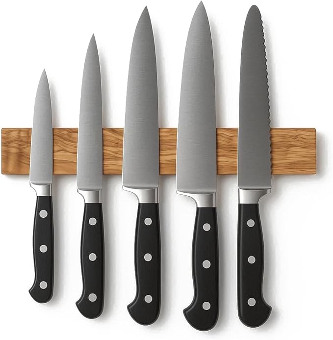 Wooden Knife Magnetic Strip (15,7 x 2.5 in) Mount with Screws, Olive Wood Magnetic Knife Holder for Wall, Space-Saving Knife Rack, Magnetic Knife Holder for Heavy Knifes