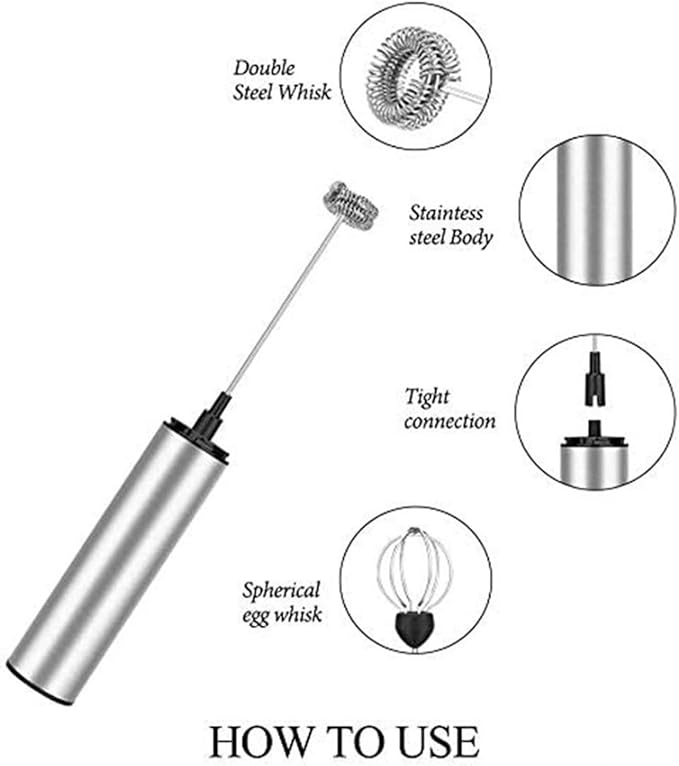 Electric Milk Frother,Mini Electric Blender,Handheld and Stainless Steel Coffee Frother,Detachable and Auto Whisk Drink Mixer for Home, Kitchen, Baking, Coffee Shop (Battery Operated but Not Included)