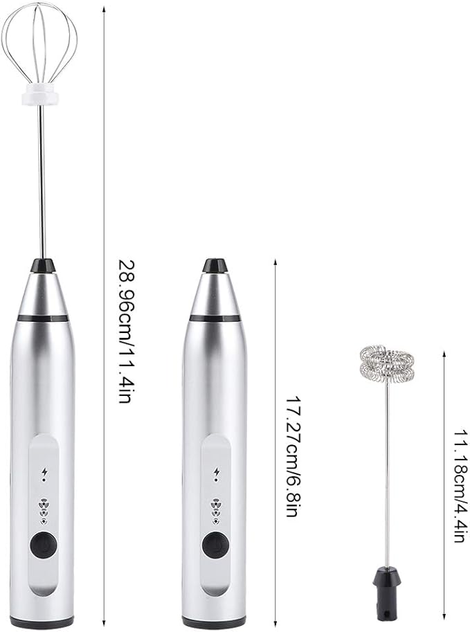 Rechargeable Electric Milk Frother, 3 - Speed Handheld Coffee Mixer with USB Charging, Includes Balloon Whisk for Latte Art, Egg Beating, and Sauce Mixing (Silver)