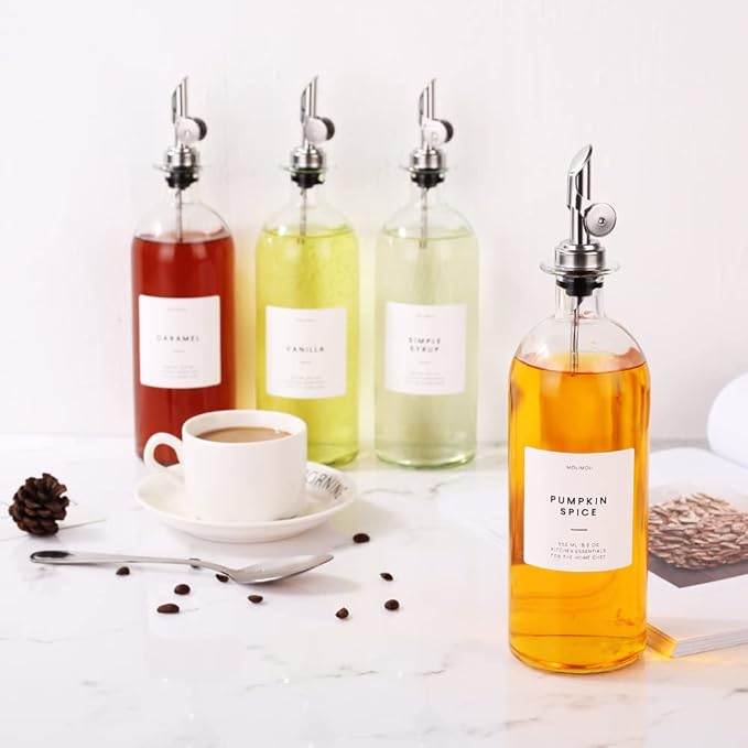 Molimoli Oil and Vinegar Dispenser with Metal Pour Spout, Glass Bottle Dispenser for Kitchen | Weighted Stainless Steel Pourers, Pack of 4 (Pourers), 500ml Oil Bottles Silver