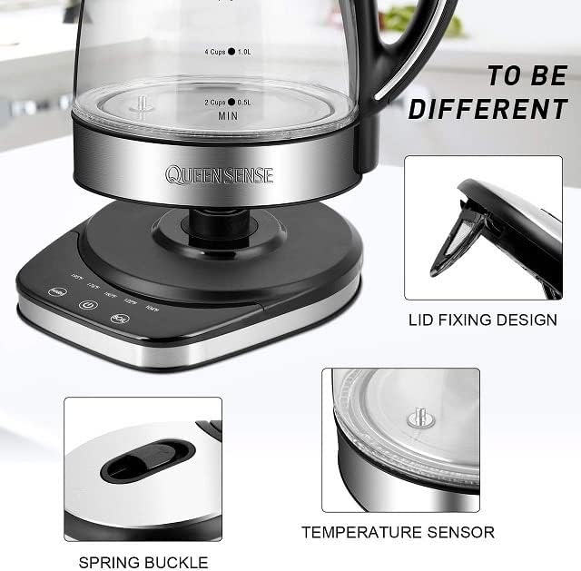 QUEENSENSE 1.7L Blue LED Light Electric Hot Water Glass Kettles