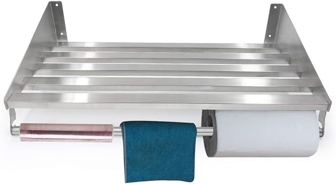 304 Stainless Steel Standard Wall Shelf, Cookware Organizer, Kitchen Wall Pot Pan Rack,With 6 Hooks, Capacity 200 lb (23.5" x 14") suitable for Electric Oven, Microwave Oven with hanging rod